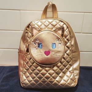 BETSY JOHNSON, Gold and Crystal Cat Backpack